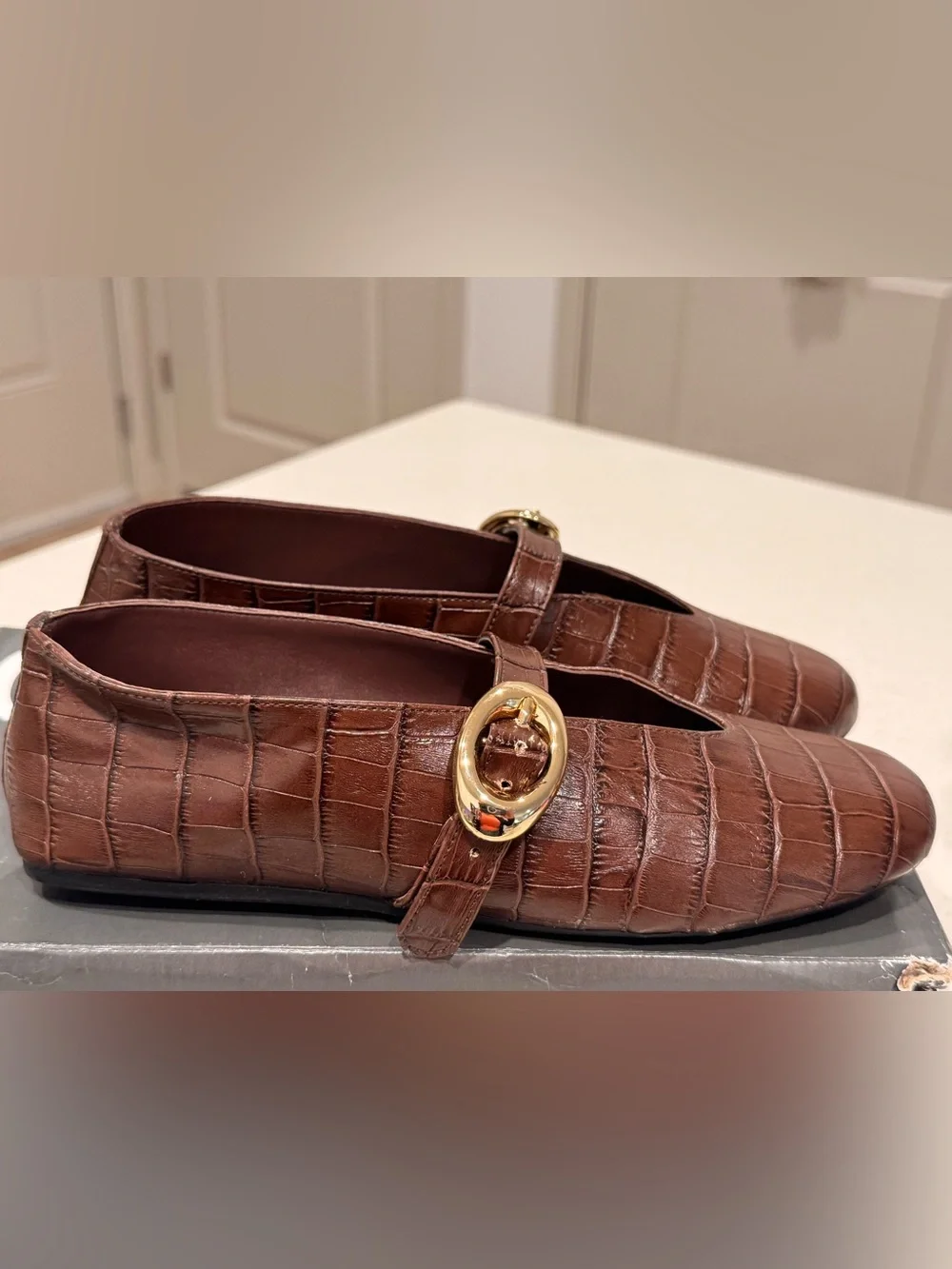 NIB Arezzo Erica Croc Embossed Mary Jane Ballet Flats Brown Hot Brandy 6B⁠